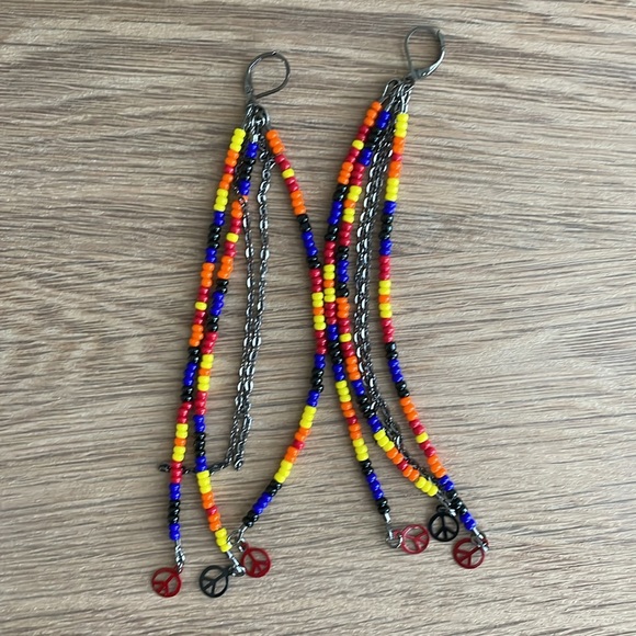 HAND CRAFTED SHOULDER DUSTER EARRINGS Black Blue Red Orange Yellow Peace Signs - Picture 1 of 14